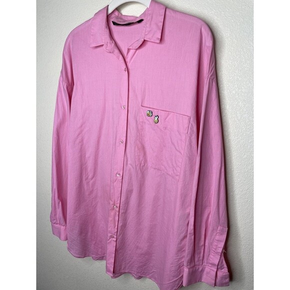 Zara Trafaluc Collection Button Up Top Size M Pink Cotton Charm Pins Long Sleeve - Picture 3 of 8